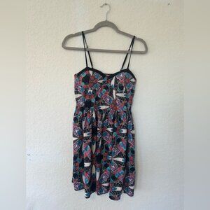 Festival Boho Band of Gypsies Mini Multicolor Patterned Dress, Spaghetti Straps